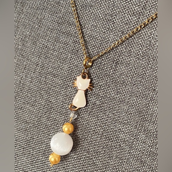 Healing Selenite & Gold Glass Bead Kitty Cat Crystal Charm Necklace White Witch - Picture 5 of 5